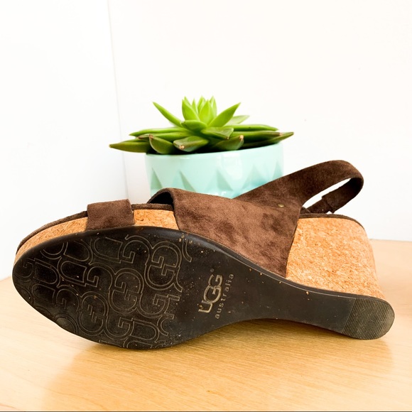 UGG Classic Dark Brown Leather Wedge Sandals - Picture 6 of 8